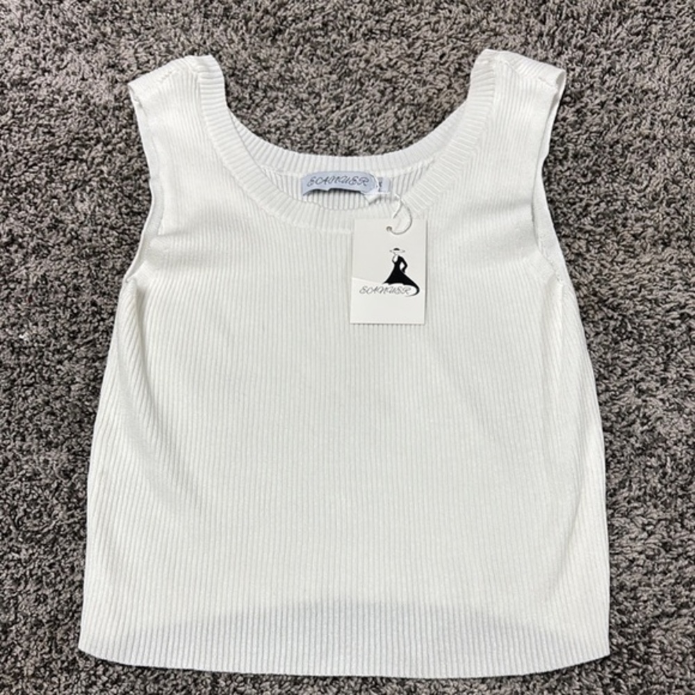 White Ribbed Women's Top Medium